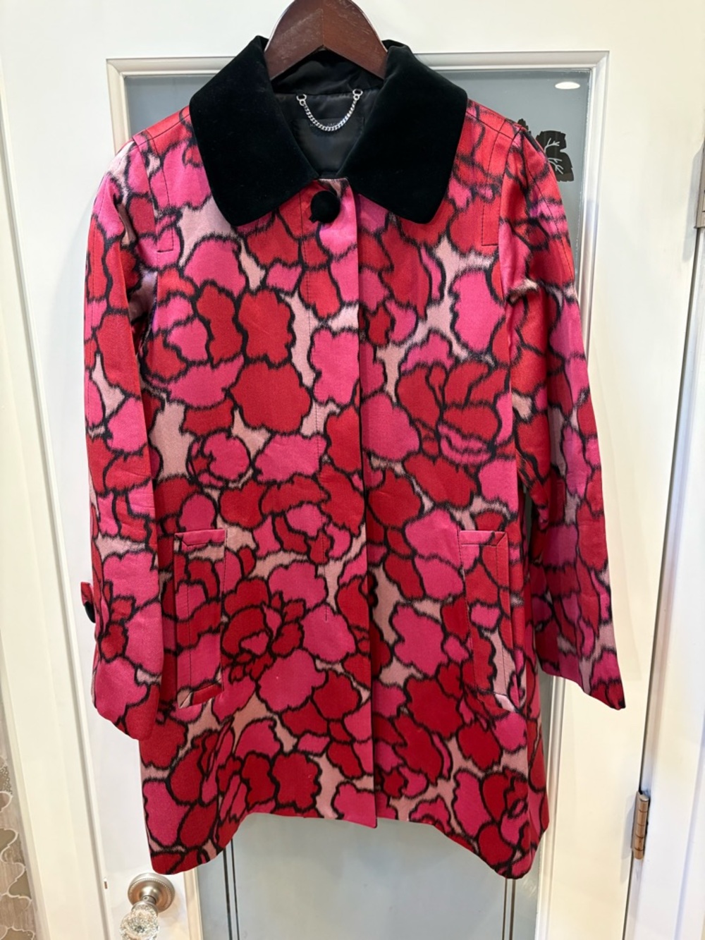 Marc Jacob’s 100% Silk Pink & Red Floral Resort Trench Coat Jacket Velvet Trim